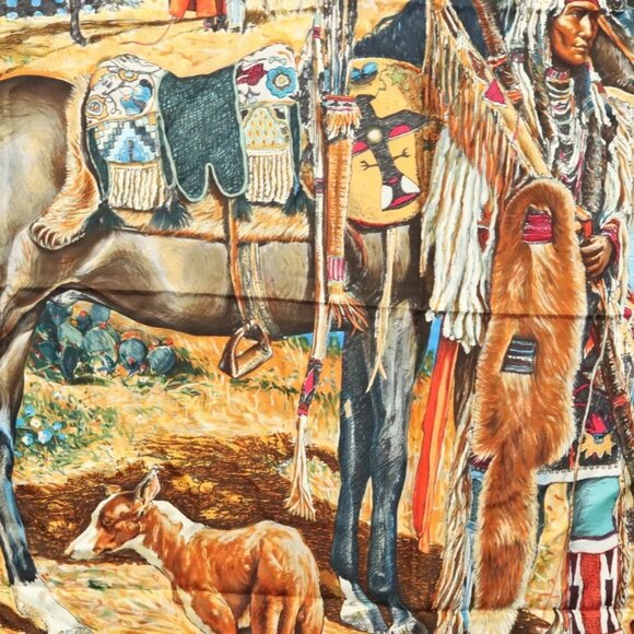 HERMES Carre 90 Scarf ""Les Cheyennes"" Silk Brown - Picture 6 of 14